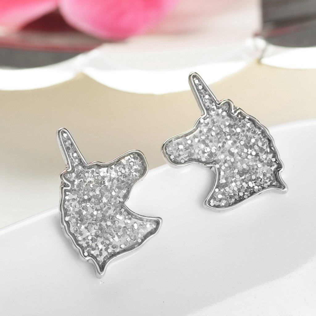 Sparkle Glitter Silver Unicorn Stud Earrings